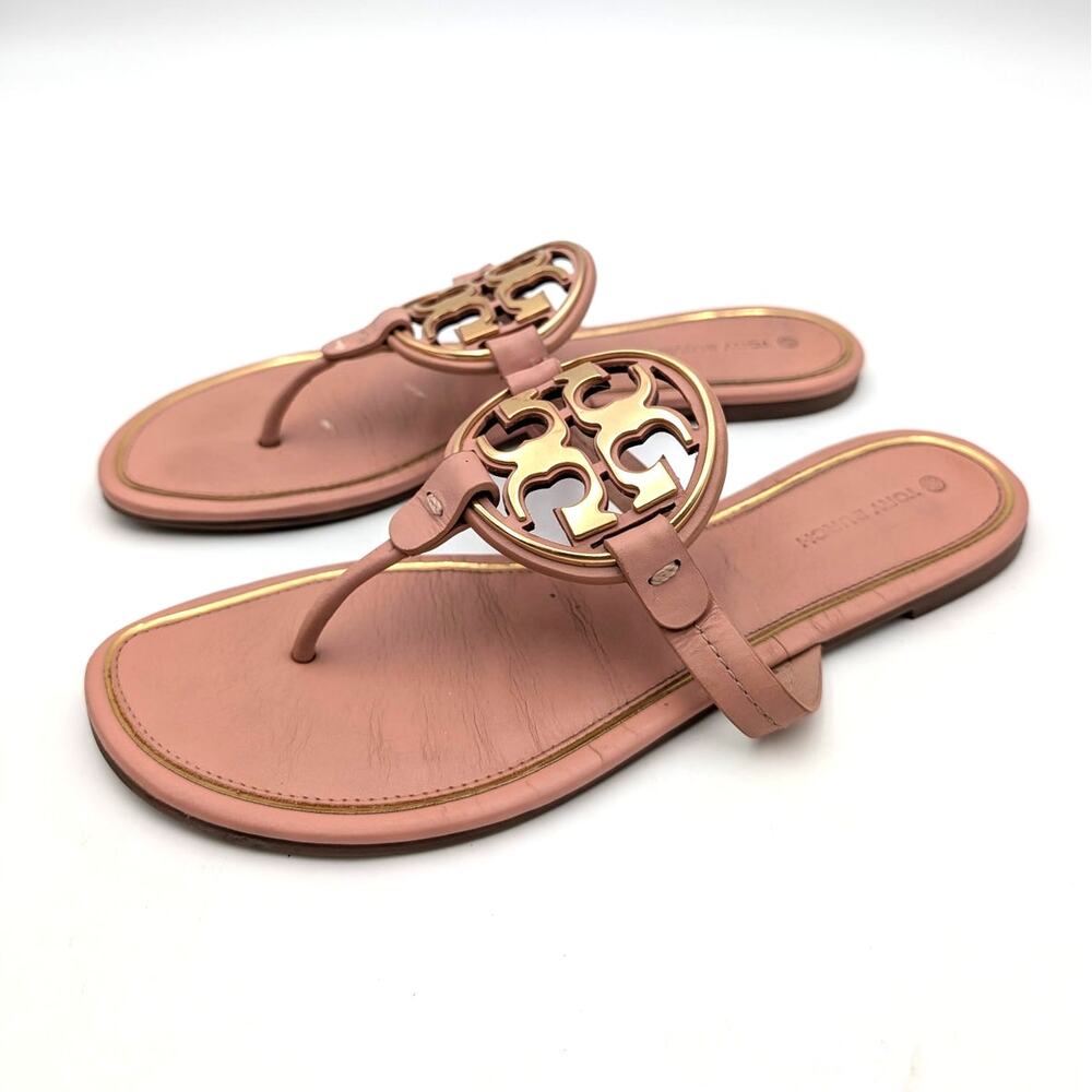 Tory Burch Miller Soft Metal Logo Thong Sandal Light Sand Size US9M EU39.5